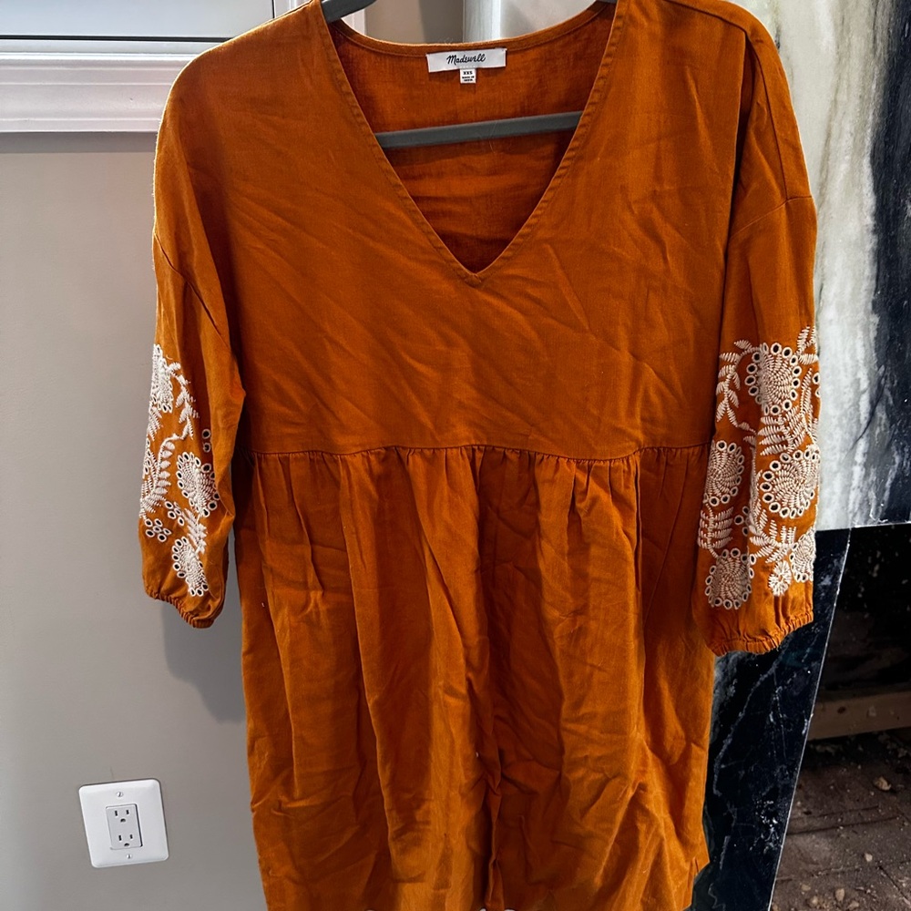 Mustard Yellow Women's dress with Embroidered Sleeves